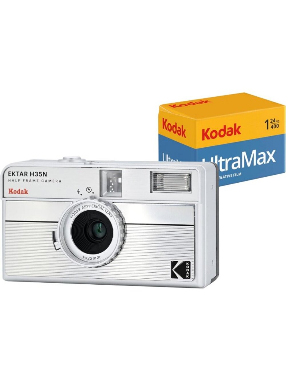 Half Frame Film Camera Bundle with 35mm Kodak Ultramax 400 Film - Striped Silver